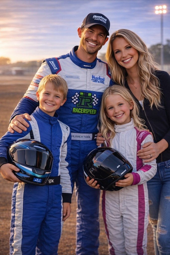 Racer family smiling with helmets on race track